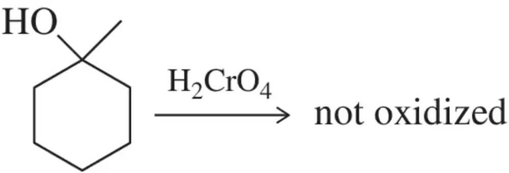 Tertiary alcohol structure with chromic acid, H2CrO4, arrow pointing to "not oxidized" text.