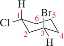 Diagram of a chemical structure showing chair conformations with labeled atoms and bonds for cis and trans configurations.