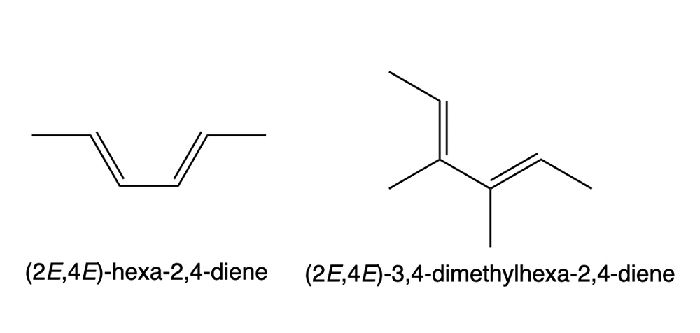 Chemical structures of (2E,4E)-hexa-2,4-diene and (2E,4E)-3,4-dimethylhexa-2,4-diene.