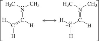 Two resonance structures of a molecule with nitrogen and carbon atoms, showing electron movement and charge distribution.