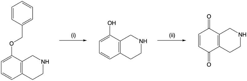 Reaction scheme for synthesizing 1,2,3,4-tetrahydroisoquinoline-5,8-dione with missing reagents.