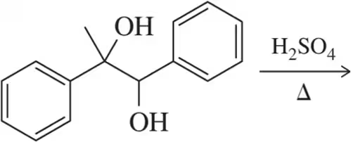 Chemical structure showing a pinacol rearrangement with two hydroxyl groups and a benzene ring, indicating reaction conditions.