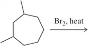 Chemical structure showing a cyclohexane derivative reacting with bromine and heat, indicating a radical halogenation process.