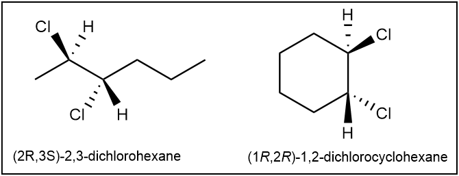 3D structures of (2R,3S)-2,3-dichlorohexane and (1R,2R)-1,2-dichlorocyclohexane.