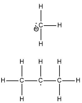 Lewis structure of the methyl radical CH3 with a free electron.