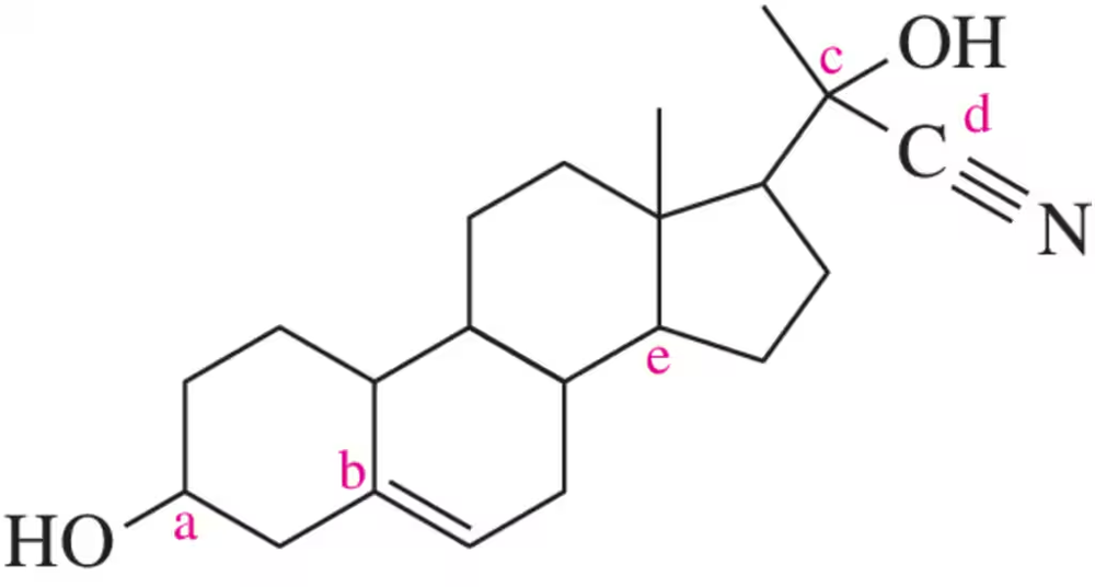 Chemical structure diagram with labeled atoms a, b, c, d, and e for hybridization and shape prediction.