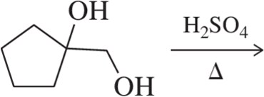 Chemical structure showing a cyclic compound with two hydroxyl groups, with sulfuric acid and heat indicated for a dehydration reaction.