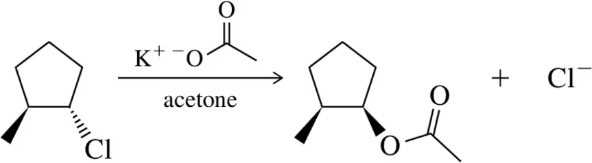 Chemical reaction diagram illustrating an SN2 reaction with a chlorine atom and acetone as reactants, producing a cyclic compound and chloride ion.