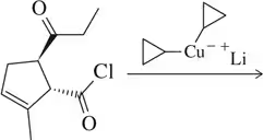 Chemical reaction diagram showing reactants with chlorine and carbonyl groups, and a copper-lithium reagent for product prediction.