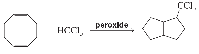 Chemical reaction diagram showing a benzene ring reacting with HCCL3 in the presence of peroxide to form a product with CCl3.