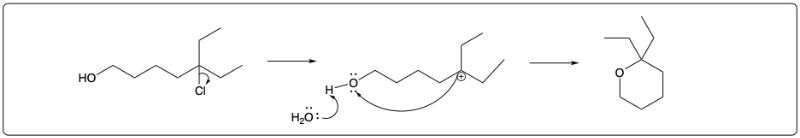 Visual representation of substitution reaction mechanism with water involvement.