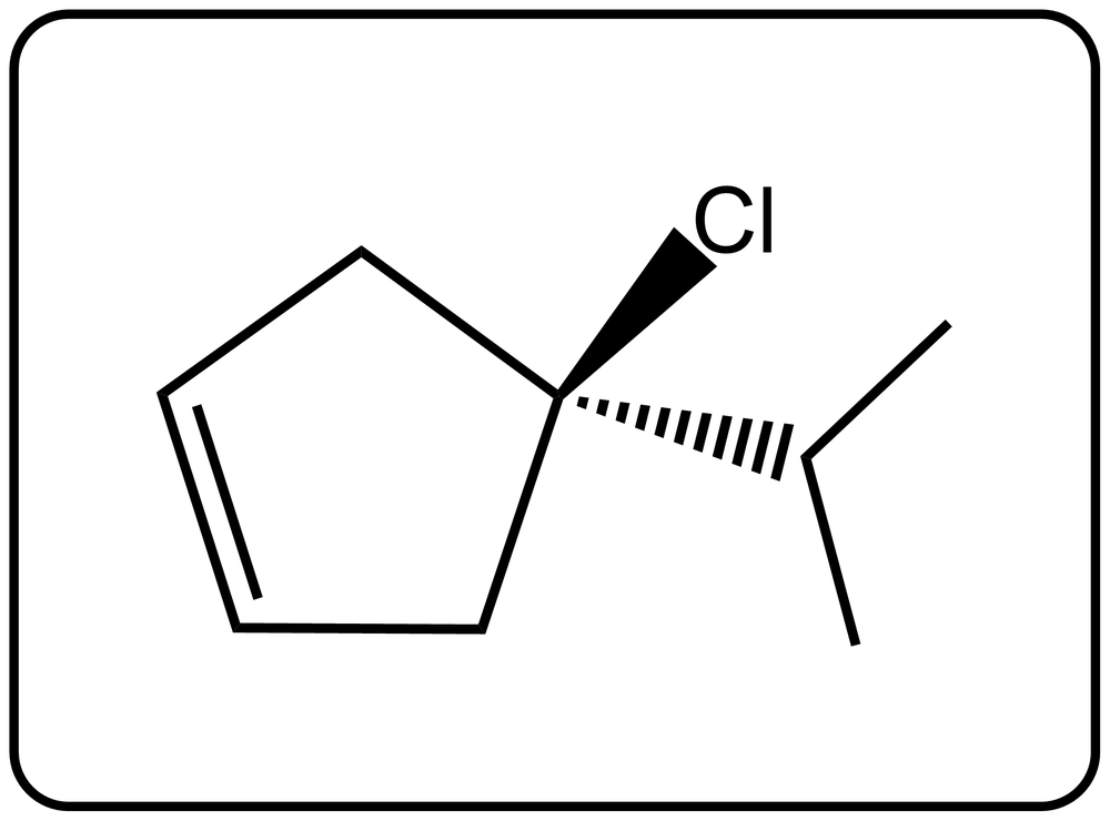 Line-angle formula of (R)-3-chloro-3-isopropylcyclopent-1-ene, highlighting stereochemistry.