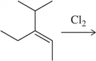 Chemical structure of an alkene reacting with chlorine, indicating the direction of the reaction.