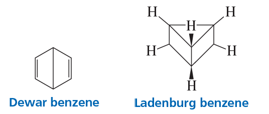 Dewar benzene structure on the left, Ladenburg benzene structure on the right, with hydrogen atoms labeled.