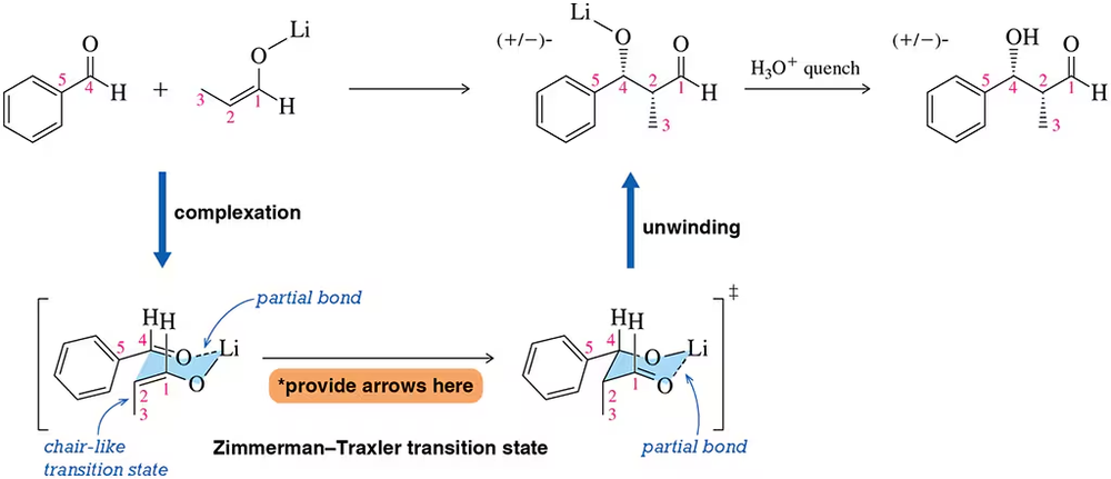 Diagram illustrating the Zimmerman–Traxler transition state and arrow-pushing mechanism for a stereospecific reaction.