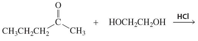 Chemical reaction showing the nucleophilic addition of an aldehyde and an alcohol, with HCl as a catalyst.