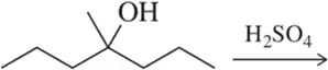 Chemical structure showing an alcohol group (OH) and sulfuric acid (H2SO4) indicating a dehydration reaction.