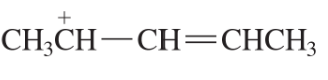 Chemical structure of a positively charged alkene with five carbon atoms and a double bond, illustrating resonance contributors.