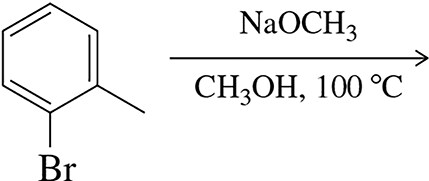 Chemical structure of bromobenzene with sodium methoxide and methanol as reactants, indicating a nucleophilic substitution reaction.