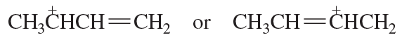 Comparison of two resonance structures with charged atoms: CH3CH=CH2 or CH3CH=CH2.