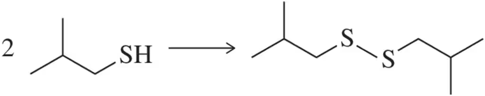 Chemical reaction showing two thiol groups (SH) dimerizing to form a disulfide bond (S-S).