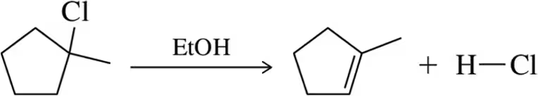 Chemical reaction diagram showing an elimination reaction with a chlorine atom and ethanol, producing a double bond and H-Cl.
