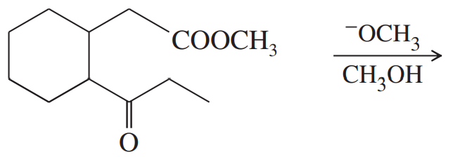 Chemical structure illustrating Claisen condensation with reactants and conditions for product prediction.