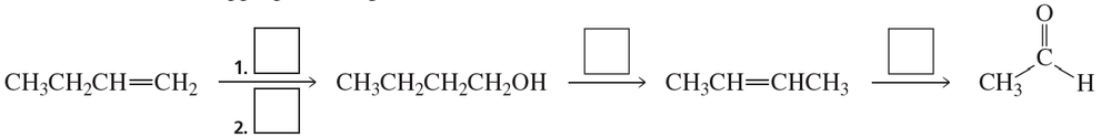 Chemical reaction diagram showing reagents needed to convert alkenes to alcohols and carbonyl compounds.
