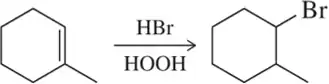 Chemical reaction showing cyclohexene reacting with HBr and HOOH to form bromocyclohexane via anti-Markovnikov addition.