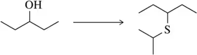 Chemical reaction: 1-butanol to 2-methylthiolbutane with an arrow indicating transformation.