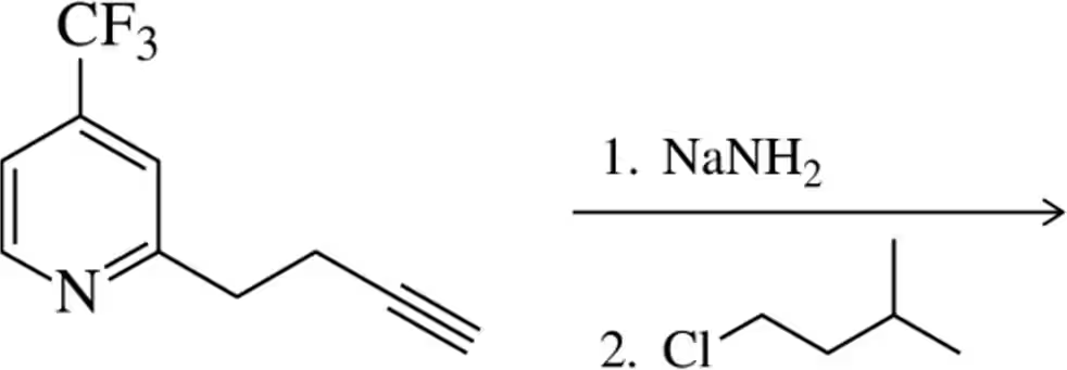 Chemical reaction diagram showing acetylide alkylation with reactants and products labeled.