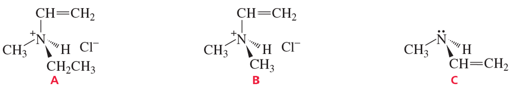Chemical structures of three compounds labeled A, B, and C, illustrating stereoisomerism and stereocenters.