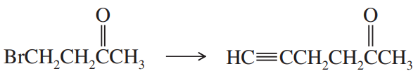 Chemical reaction showing the transformation of a brominated compound to an alkynide product with structural formulas.