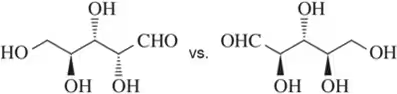 Structural comparison of two isomer compounds with hydroxyl and aldehyde groups, highlighting differences in configuration.