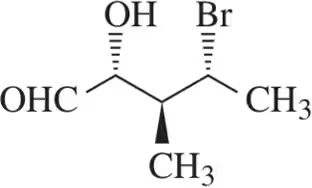 Fischer projection diagram showing a molecule with hydroxyl and bromine groups attached to a carbon chain.