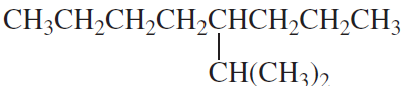 Structural formula of an alkane with a branched chain, showing carbon and hydrogen atoms in a linear arrangement.