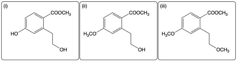 Three reaction products from Williamson Ether Synthesis with varying NaH and CH3I equivalents.