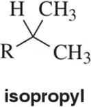 Chemical structure of isopropyl group with central carbon bonded to hydrogen, two methyl groups, and an R group.