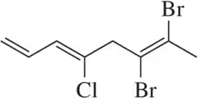 Chemical structure of an alkene with chlorine and bromine substituents, illustrating cis and trans isomerism.