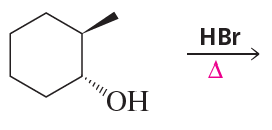 Chemical structure showing a cyclohexanol reacting with HBr, indicating stereoisomer formation.