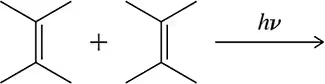 Chemical structures illustrating a [2 + 2] cycloaddition reaction with light energy input indicated.