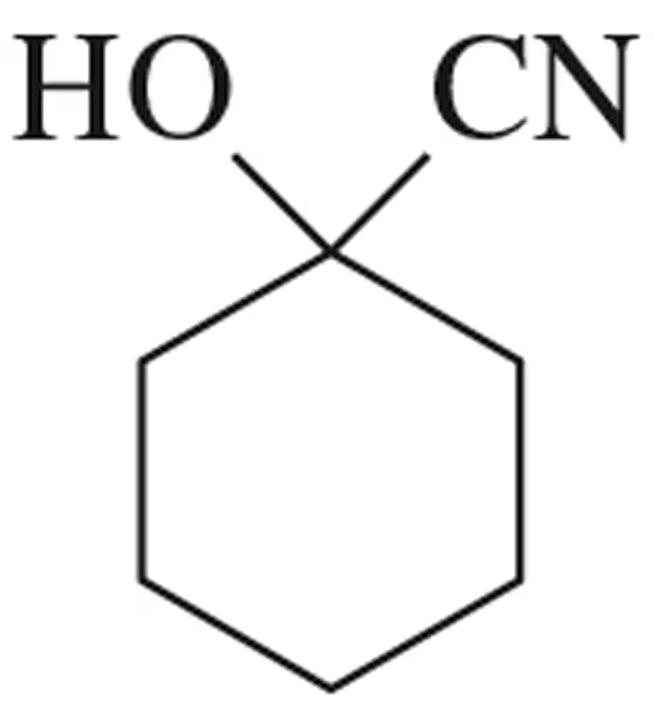 Chemical structure of a cyanohydrin with hydroxyl (HO) and cyano (CN) groups attached to a hexagonal carbon ring.