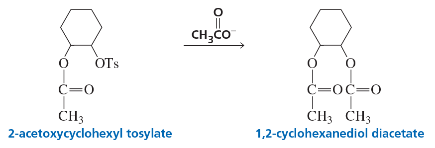Chemical reaction diagram showing 2-acetoxycyclohexyl tosylate converting to 1,2-cyclohexanediol diacetate.