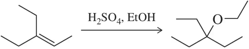 Chemical reaction showing alkene converting to ether using H2SO4 and EtOH.