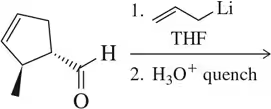 Chemical reaction diagram showing an aldehyde reacting with lithium in THF, followed by quenching with H3O+.