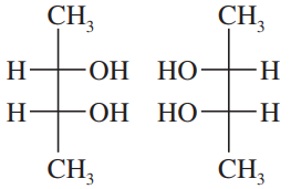 Two Fischer projections of a compound showing different stereochemical relationships, including enantiomers and structural isomers.