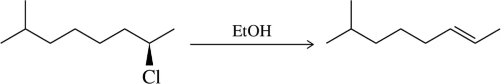 Chemical structure showing an E1 reaction with a chlorine atom and ethanol as a reagent, illustrating electron-pushing mechanism.