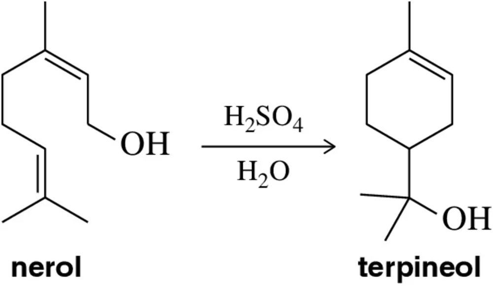 Chemical reaction diagram showing the conversion of nerol to terpineol using sulfuric acid and water.
