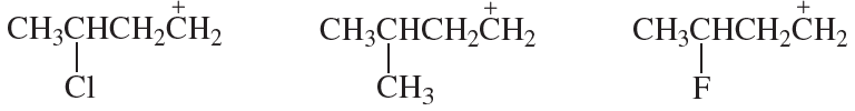 Three carbocation structures are shown, each with different substituents: Cl, CH3, and F.