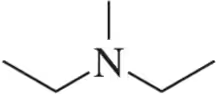 Chemical structure of triethylamine, showing a nitrogen atom bonded to three ethyl groups.